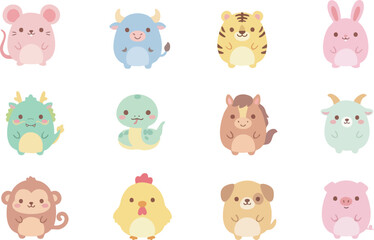 Obraz premium A set of twelve cute, cartoon-style animals representing the Chinese zodiac signs. The animals are designed in a soft, pastel color palette. Each animal features simple, friendly facial expressions