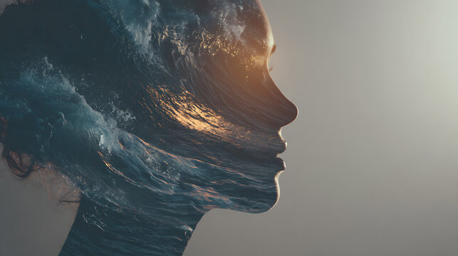 A stunning silhouette of a woman's face, merging seamlessly with the powerful ocean waves