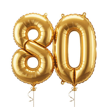Gold balloons in the shape of 80 number 80 balloons on sticks shiny gold celebration isolated on a transparent background