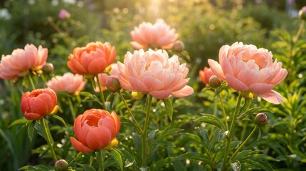 Obraz premium Coral Charm Peonies Glowing in Sunset Light