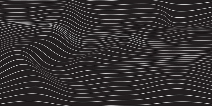 Abstract rippled or white lines pattern with wavy vibrant facture on black background and texture. Vector illustration