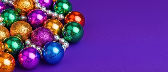 Colorful Mardi Gras beads and pearl necklaces scattered on purple background. Festive horizontal banner with copy space for carnival party invitation or celebration design