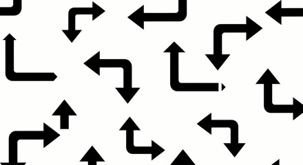 Seamless pattern of black arrow signs pointing in various directions on a white background.
