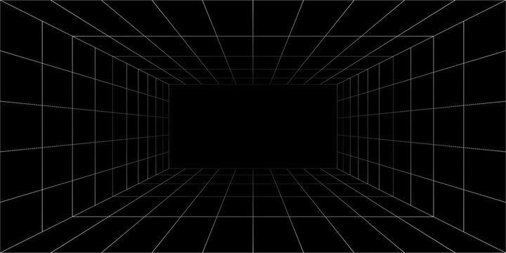 Futuristic perspective grid box. Abstract wireframe with white grid line on black background. Virtual reality landscape in 80s 90s digital style.