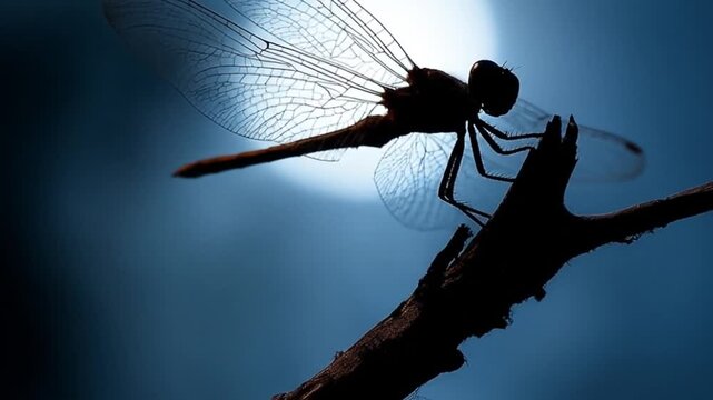 Dragonfly silhouette against moonlit sky macro photography