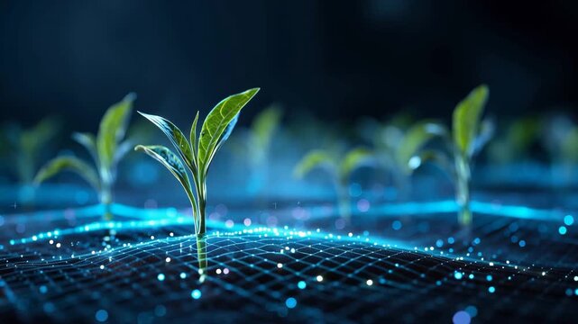 Green seedlings growing from digital data grid representing sustainable technology and smart agriculture