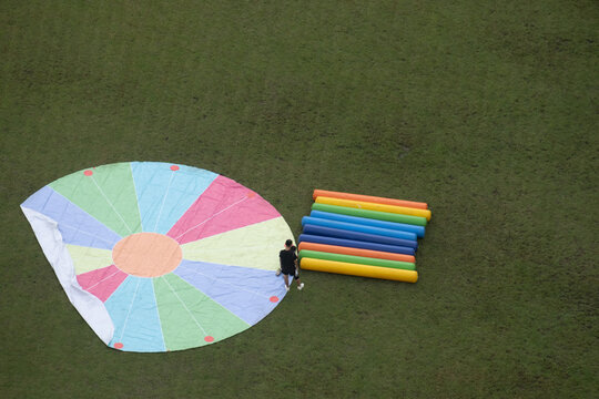Colorful Parachute Game and Rainbow Hurdles for Outdoor Activity and Training