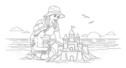 Obraz premium Child building sandcastle on the beach with bucket and spade.
