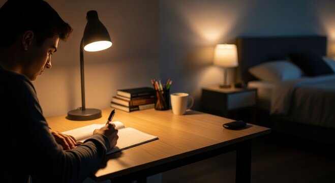 Focused late night study session at home desk