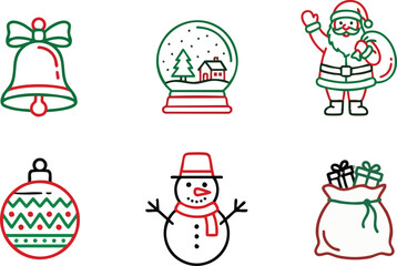 A cheerful collection of six two-color outline vector icons representing Christmas holiday symbols and characters