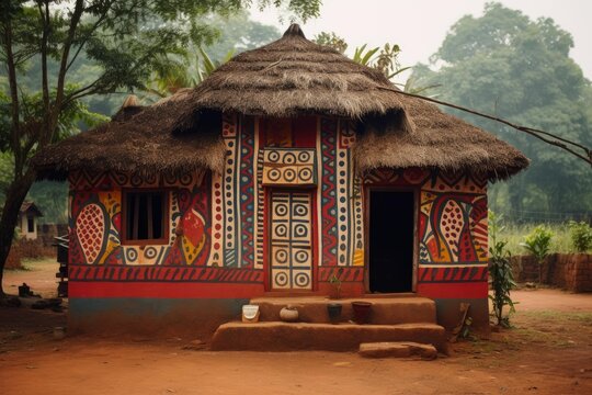 African village hut featuring vibrant traditional ndebele style geometric wall paintings and a thatched roof