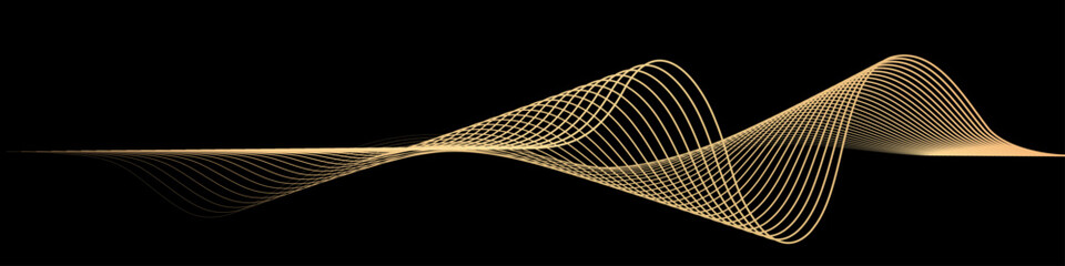 3D vector pattern of gold waves in a smooth curve, flowing dynamic golden gradient wavy lines isolated on black background concept of luxury, digital, AI, technology, communication, science, music