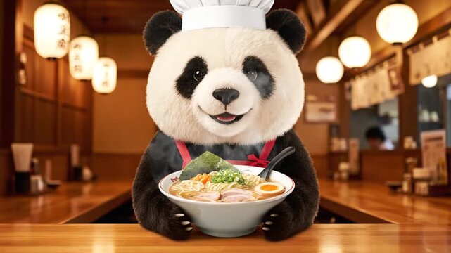 Panda chef holding ramen bowl in restaurant setting with wooden counter and hanging lanterns