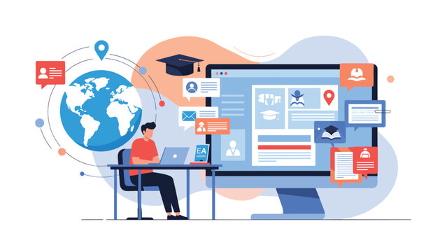 Online education and global learning concept featuring a student studying at a computer with various academic and communication icons.
