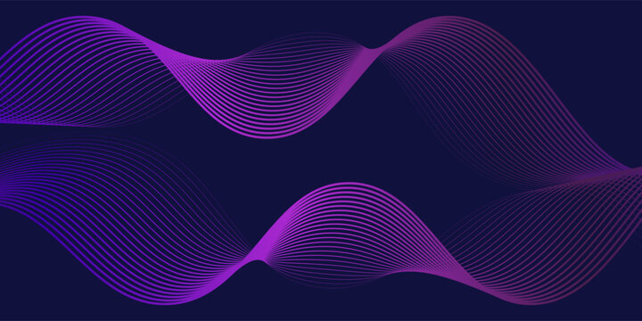 Futuristic dark abstract background with vibrant violet and pink glowing waves on a deep navy backdrop. Perfect for modern digital posters, tech presentations, or music visuals. Vector horizontal temp
