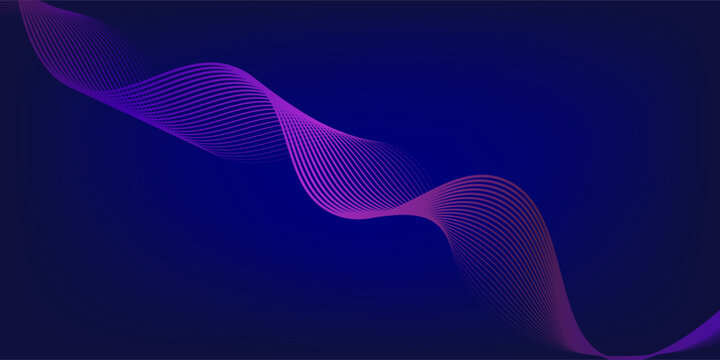 Futuristic dark abstract background with vibrant violet and pink glowing waves on a deep navy backdrop. Perfect for modern digital posters, tech presentations, or music visuals. Vector horizontal temp