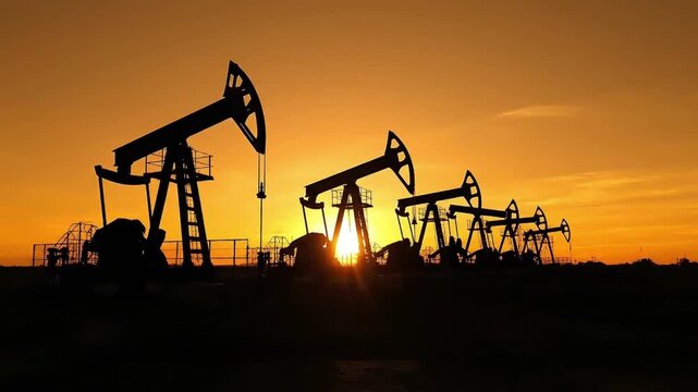 Row of Oil Pump Jacks Silhouetted Against a Golden Sunset; Industrial Petroleum Extraction at Dusk in an Oil Field