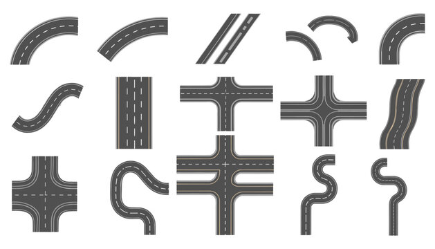 Road vector icons intersections curved straight t junction highway lanes