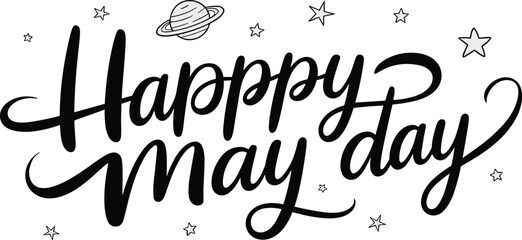 Happy May Day celebration design with stars, Saturn planet rings, festive typography, spring holiday greeting, cheerful seasonal illustration © Joyaber's World