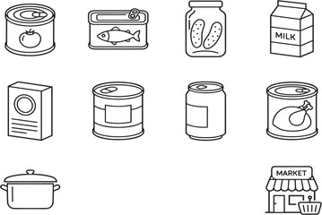 Hand drawn grocery and canned food icons with milk carton jars packages cooking pot and shop outline vector set