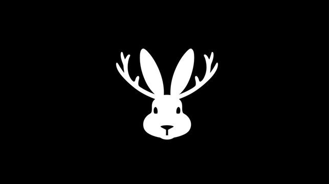 Minimalist white jackalope head with antlers on black background. Mythical rabbit creature graphic design illustration.