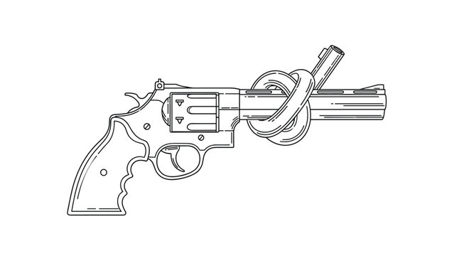 Black and white line art of a revolver handgun with a tight knot tied in its long barrel symbolizing peace and non-violence.