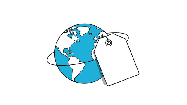 Planet earth globe with a large white price tag attached to a string symbolizing the commercialization of our entire world.