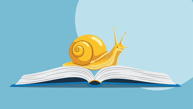 Large yellow snail slowly crawling across the pages of an open blue book against a light blue circular background shape.