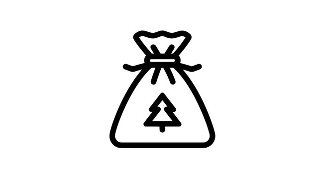 Outline icon of a festive gift bag or present sack with a Christmas tree symbol, perfect for holiday greetings and seasonal designs