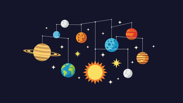 Decorative mobile of the solar system featuring the sun and several planets including saturn with rings against dark space.