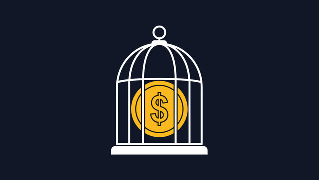 Large gold dollar coin locked inside a white birdcage against a dark navy blue background symbolizing a financial trap.