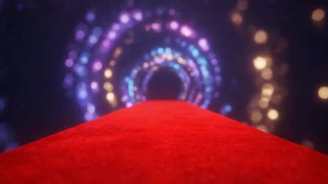 Vibrant red carpet leading to colorful tunnel of bright lights