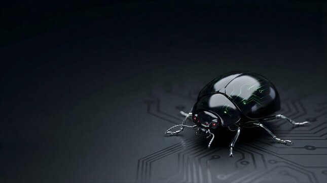The System Bug: Macro Mechanical Spy Beetle with Glowing Camera Eyes on Dark Circuit Background