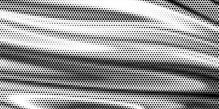 Black seamless hexagon texture. Repeated honeycomb pattern background. Geometric hexagonal halftone tech overlay backdrop. Abstract repeating hex halftone. Vector retro technology dot texure wallpaper