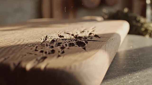A close-up shot of a textured, light brown, wooden cutting board with a damaged patch