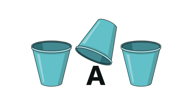 Three blue plastic cups are shown with one flipped over above the letter A, representing a shell game, gambling, or making a choice.