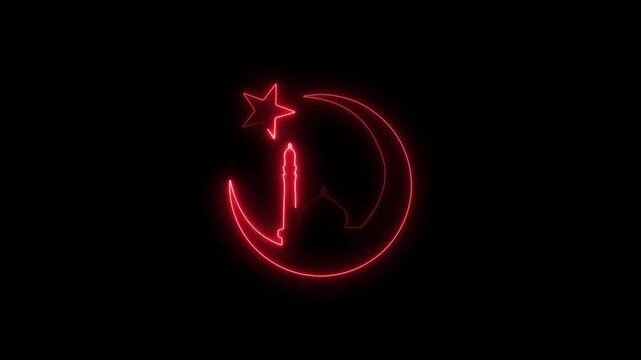 Glowing white neon crescent moon star and mosque icon animation. ramadan symbol animation on black background.