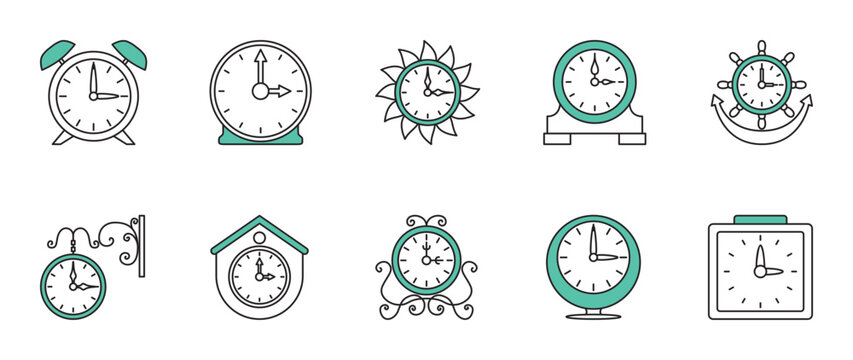 A mix of ten classic and decorative clock icons. Teal accents frame the time. Ideal for timekeeping apps or home decor visual projects.
