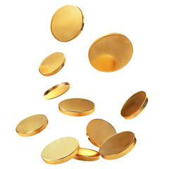 Shiny blank gold coins, tokens, or chips, flying in the air, isolated on transparent cutout background