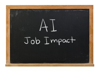 Obraz premium AI Job Impact hand written in white chalk on a black chalkboard isolated on white in a wooden frame