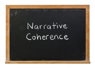 Obraz premium Narrative Coherence hand written in white chalk on a black chalkboard isolated on white in a wooden frame