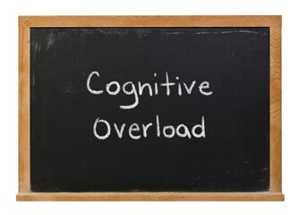 Obraz premium Cognitive Overload hand written in white chalk on a black chalkboard isolated on white in a wooden frame
