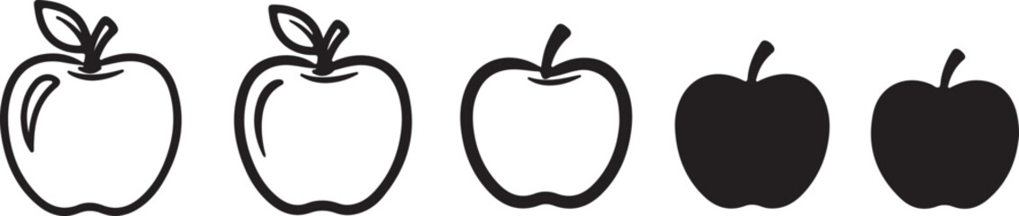 Vector art of apple icon evolution from detailed outline to solid silhouette on white background