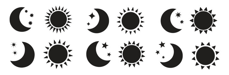 Sun and moon icons with stars representing day and night cycles © Dij