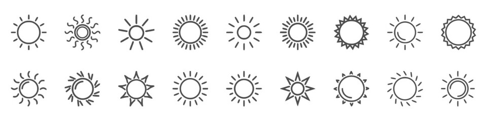Sun icons in various styles representing sunshine, weather, and daylight