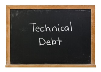 Obraz premium Technical Debt hand written in white chalk on a black chalkboard isolated on white in a wooden frame