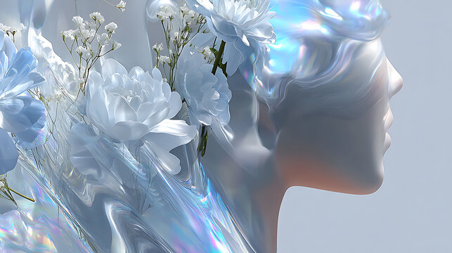 A surreal image of a statue of woman with floral hair decoration and ethereal lighting