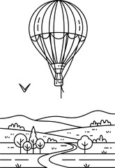 Hot air balloon flying over a landscape with trees and hills
