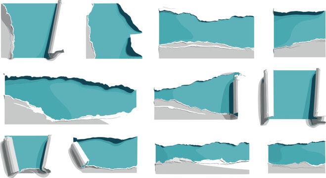Torn paper reveal set vector illustration with ripped edges curled corners and layered blue background strips