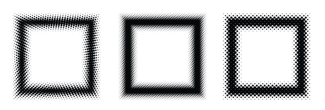 black halftone square frame set dotted gradient border